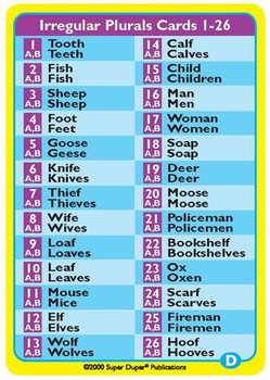 Irregular Plurals Cards, colorful educational flashcards displaying words and images for learning plural forms of nouns from 1 to 26.