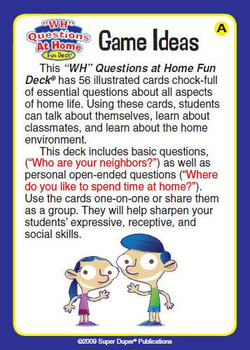 Game Ideas, educational card deck with questions for classroom and home activities about home life, including personal and open-ended questions to enhance students' social skills.