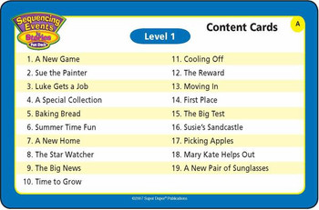 Content Cards, list of story titles and activities for children's book or educational game, featuring Level 1 content with various story themes and activities.
