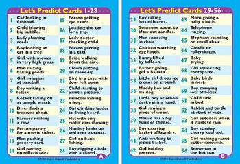Let's Predict Cards, a colorful set of flashcards with numbers and fun scenarios for children.