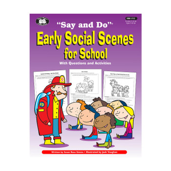Early Social Scenes for School, educational workbook with cartoon firefighter and children engaging in social activities, for preschool learning.