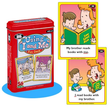 Using I and Me Fun Deck, educational card game for children featuring illustrations of kids reading books with family and friends.