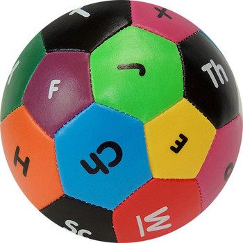 Multicolored soccer ball, educational toy with color-coded pentagons featuring mathematical symbols and letters.
