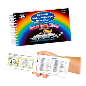 Speech and Language Screener, colorful spiral-bound book with rainbow design titled 'Quick Take Along' featuring a lion riding in a convertible car.