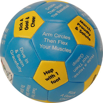 Mini soccer ball, Exercise Ball, blue and yellow exercise ball with workout instructions for arm exercises and muscle flexibility