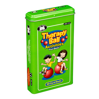 Therapy Ball Activities Fun Deck, a set of cards with exercises and tips for using therapy balls for balance and strengthening exercises.