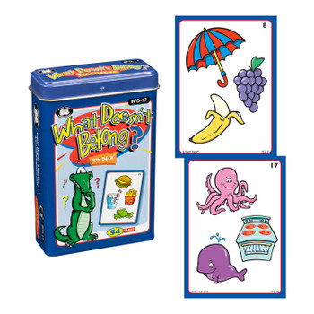 What Doesn't Belong? Fun Deck Card Game, image of colorful playing cards featuring animals, vehicles, and objects for kids.