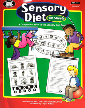Sensory Diet Fun Sheets, a colorful educational activity book with illustrations of children engaging in sensory activities like swinging and exploring sensory cards.