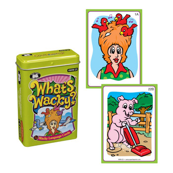 What's Wacky? Wacky Language Cards, colorful educational card game featuring animated characters and playful illustrations.