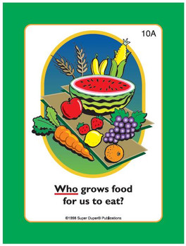 Educational poster about food origins, featuring illustrations of various fruits and vegetables including watermelon, apple, banana, grapes, carrot, lemon, orange, and corn.
