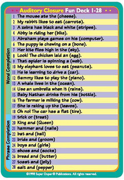 Auditory Closure Fun Deck, educational card with word and sentence practice for children.
