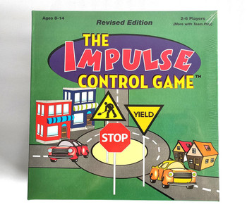 The Impulse Control Game, colorful board game box with traffic signs and cars, for ages 8-14, designed for 2-6 players.