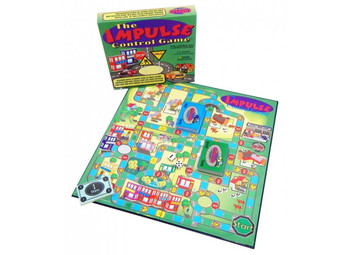 The Impulse Control Game, colorful board game with a illustrated game path, dice, and game pieces for family entertainment.