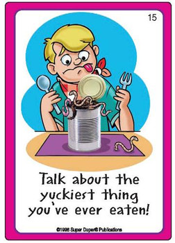 Talking about the yuckiest thing you've ever eaten, cartoon illustration of a boy with a can lid on his head, tentacles coming out of the can, and holding a spoon and fork