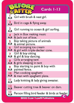 Educational flashcards, front and back view with colorful design and list of scenes for children to identify, featuring scenes like girl with brush, bird in cage, girl running to ocean, and person filling bird feeder.