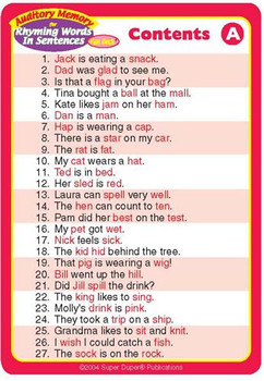 Educational product for children titled 'Auditory Memory Rhyming Words in Sentences' featuring a colorful list of sentences with rhyming words, part of a learning activity for kids.