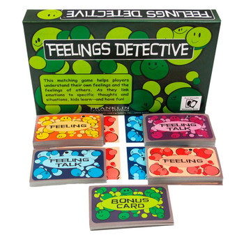 Feelings Detective, colorful emotion matching game with cards labeled Feeling, Feeling Talk, and Bonus Card, featuring bright smiley face illustrations.
