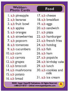 Webber Photo Cards for Food, featuring a list of various food items including fruits, vegetables, dairy, fast food, and desserts. Webber Photo Cards for Food, featuring a list of various food items including fruits, vegetables, dairy, fast food, and desserts.