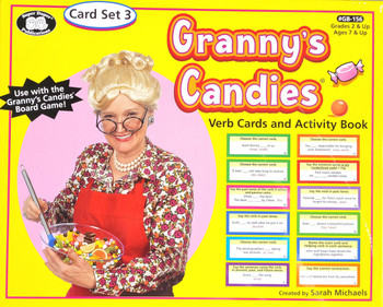 Granny's Candies, Verb Cards and Activity Book from the Granny's Candies Card Set 3 for children aged 7 and up, featuring a bright yellow cover with an image of an elderly woman holding a bowl of candies.