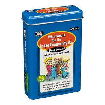 What Would You Do In the Community? Fun Decks, educational card game with illustrations of a cashier and a visitor at a hospital scene for children.