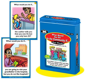 What Would You Do In the Community? Fun Decks, educational card game with illustrations of a cashier and a visitor at a hospital scene for children.