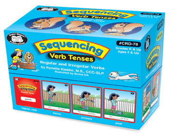 Sequencing Verb Tenses educational game, colorful box with cartoon children and animals illustrating progressive verb forms for grades K and up Sequencing Verb Tenses educational game, colorful box with cartoon children and animals illustrating progressive verb forms for grades K and up