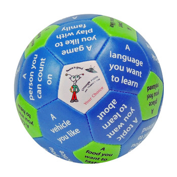 Educational mini soccer ball toy with colorful hexagonal panels, including phrases like "A language you want to learn" and "A vehicle you like," designed to promote language learning and playful education for children. Educational mini soccer ball toy with colorful hexagonal panels, including phrases like "A language you want to learn" and "A vehicle you like," designed to promote language learning and playful education for children.