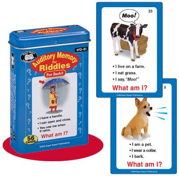 Auditory Memory for Riddles game, blue card deck and example cards showing animals with clues and questions for children.