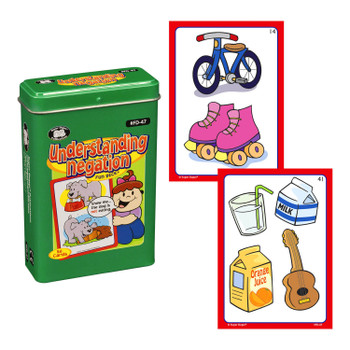 Understanding Negation Card Game, colorful educational card game featuring illustrations of a happy elephant, a smiling boy, and other animals, designed to teach children about understanding and negation.