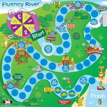 Fluency River, colorful children's board game map with various themed sections, pathways, and characters.