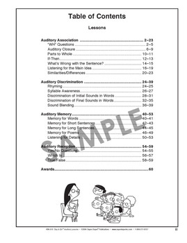 Table of Contents page from 'Say & Do' Auditory Lessons, featuring sections on Auditory Association, Discrimination, Memory, Reception, and Awards, with an illustration of a teacher and children at the bottom.