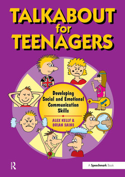 Talk About for Teenagers, book cover featuring colorful cartoon illustrations of teenagers expressing different emotions against a purple background.