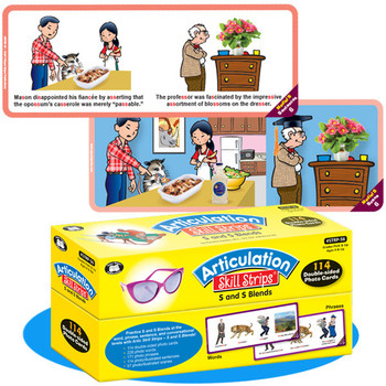 Articulation Skill Strips, educational double-sided cards for practicing S and S blends with 114 photo-illustrated scenes and phrases.