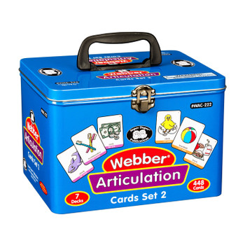 Webber Articulation Card Set 2, blue metal storage box with lid and handle containing 448 educational cards for speech therapy and articulation practice.