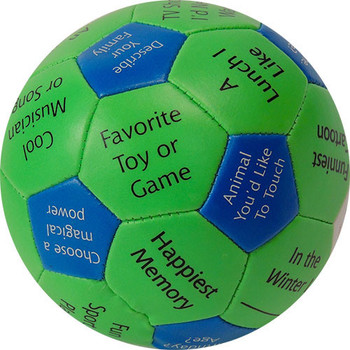 Green and blue 4 inch soccer like ball educational colorful tiles with fun questions and prompts for kids, such as 'Favorite Toy or Game', 'Animal You Like to Touch', and 'Happiest Memory'. Green and blue 4 inch soccer like ball educational colorful tiles with fun questions and prompts for kids, such as 'Favorite Toy or Game', 'Animal You Like to Touch', and 'Happiest Memory'.