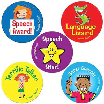Speech Award, Language Lizard, Speech Star, Terrific Talker, Super Speech! colorful badges for speech therapy and communication skills.