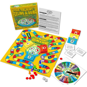 The Talking Feeling & Doing Board Game, colorful game set with a winding game board, spinner, cards, game pieces, and dice.