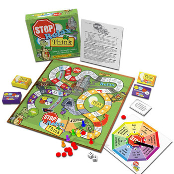 Stop Relax & Think Board Game, children’s educational game with colorful game board, game pieces, dice, and instruction sheet for promoting impulsive children’s thinking and relaxation skills.