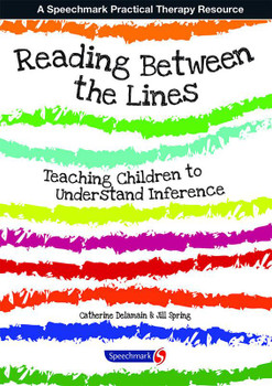 Reading Between the Lines, book cover with colorful brush strokes and title related to teaching children to understand inference.
