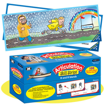 Articulation Skill Strips R and R Blends, illustrated comic-style image of two children running outdoor with a rainbow and finish line in background.