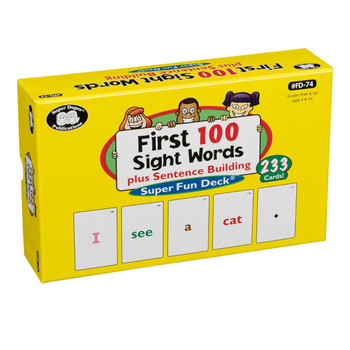 First 100 Sight Words plus Sentence Building, educational flashcard game for children, featuring colorful word cards with words like I, see, a, cat, dog, and have, in a yellow box packaging.