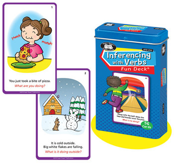 Inferencing with Verbs Fun Deck, educational card game with colorful illustrations showing a girl eating pizza and a snow scene with a snowman, designed to teach children inferencing skills. Inferencing with Verbs Fun Deck, educational card game with colorful illustrations showing a girl eating pizza and a snow scene with a snowman, designed to teach children inferencing skills.