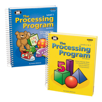 The Processing Program, educational workbooks for level 1 and levels 2 & 3 with colorful geometric shapes and a bear mascot on the cover.