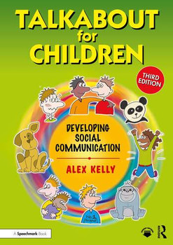 Developing Social Communication, children's book cover with cartoon kids demonstrating social interactions and communication skills.