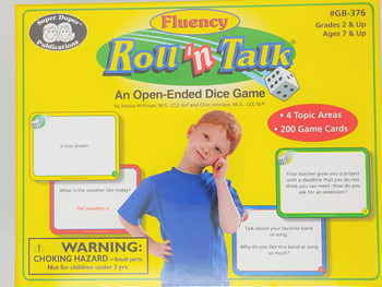 Fluency Roll'n Talk, open-ended dice game with 200 game cards for educational and fun learning activities for children ages 7 and up.