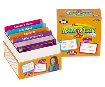 Fluency Roll 'n Talk Add-On educational game, colorful flashcards in a box with four topic areas for speech and language development.