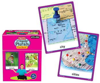 Irregular Plurals Fun Deck educational card game, featuring colorful cards with images and words of different plurals like 'city' and 'cities' for learning vocabulary. Irregular Plurals Fun Deck educational card game, featuring colorful cards with images and words of different plurals like 'city' and 'cities' for learning vocabulary.