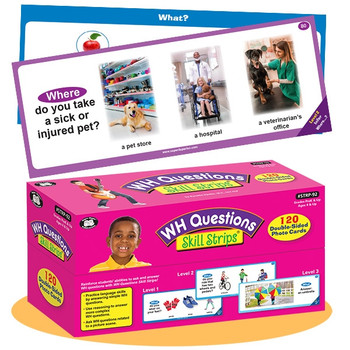 WH Questions Skill Strips flashcards, educational learning tool for children with colorful packaging, featuring images and text for practicing 'Where' questions about locations like a pet store, hospital, and veterinarian's office.
