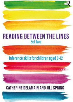 Reading Between the Lines, book cover with colorful watercolor stripes and title text for children's inference skills set