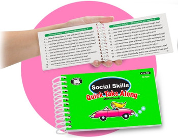 Social Skills Quick Take Along Mini-Book, colorful spiral-bound mini-book with a cartoon illustration of a girl in a pink car on the cover. Social Skills Quick Take Along Mini-Book, colorful spiral-bound mini-book with a cartoon illustration of a girl in a pink car on the cover.